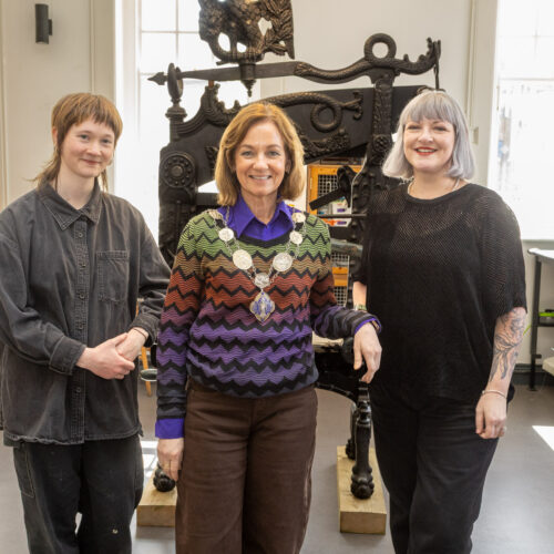 Imogen Donegan, Artist in Residence, Mayor of Ards and North Down and Emma Drury, Director of Seacourt Print Workshop